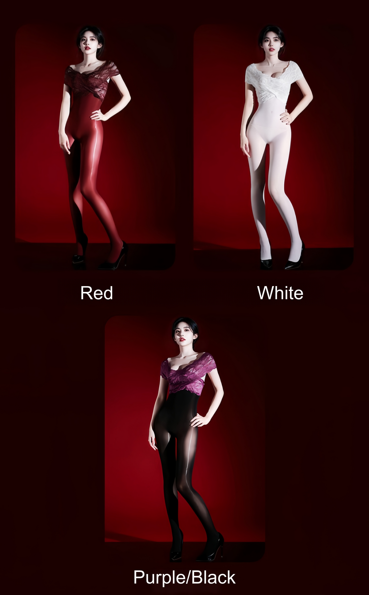 Premium 8D Ultra-Sheer Oil Shiny Full Bodystocking with Lace Top