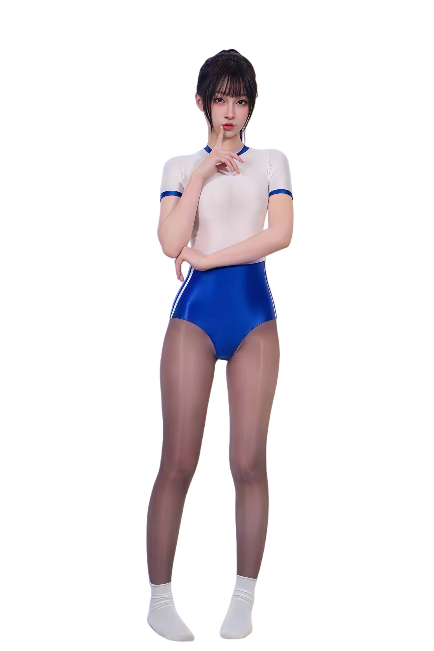 Person wearing a white and blue swimsuit on a white background