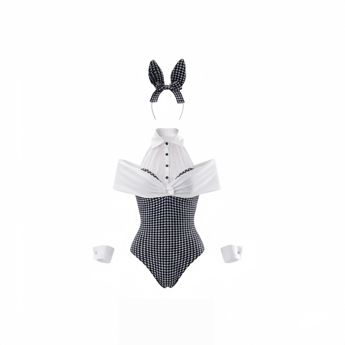 Houndstooth Bunny Girl Cosplay Bodysuit Set – Knit Faux Cashmere