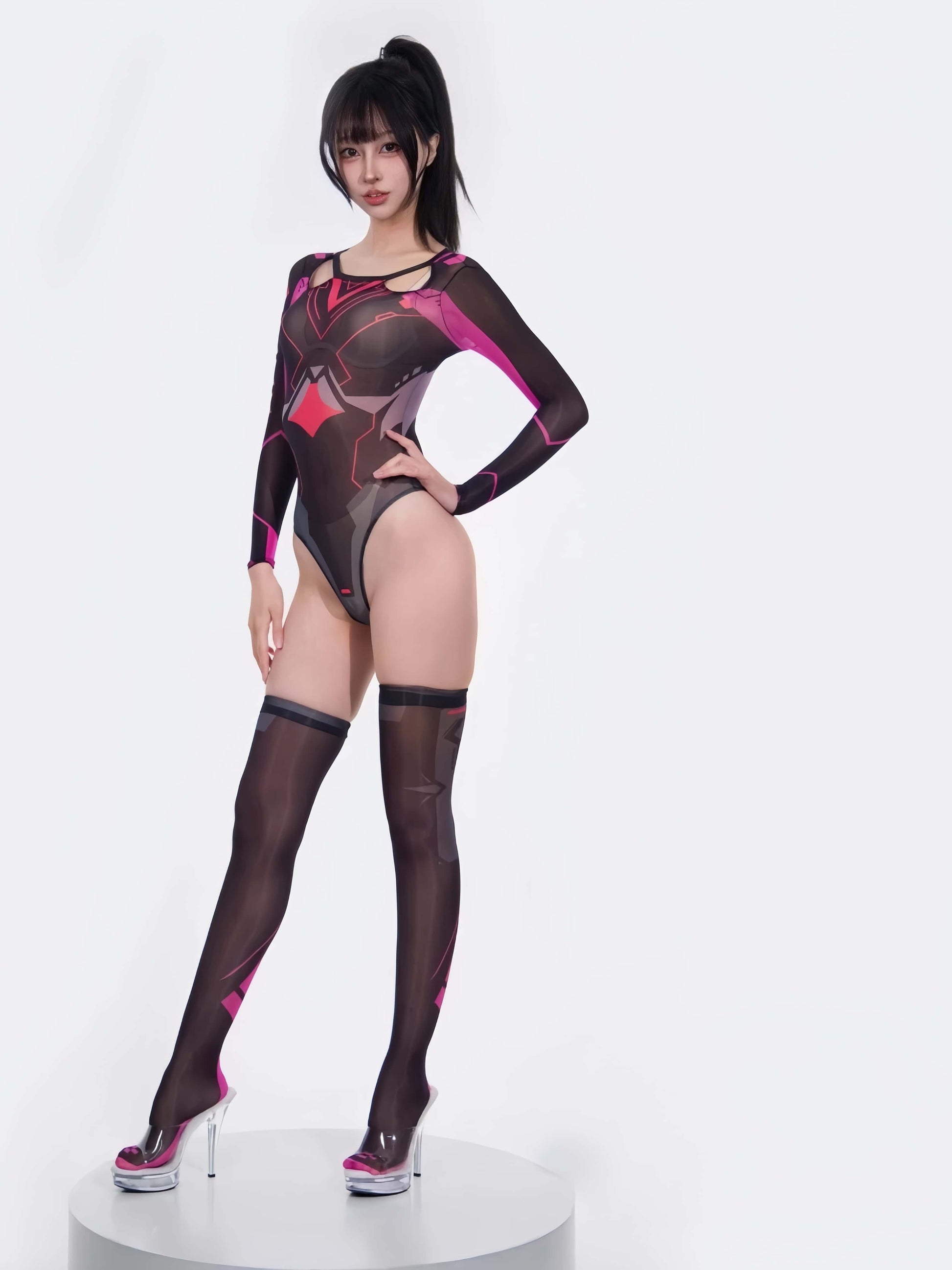 Anime Cyber Style Sheer 10D Nylon Open Crotch Spandex Bodysuit Lingerie Set