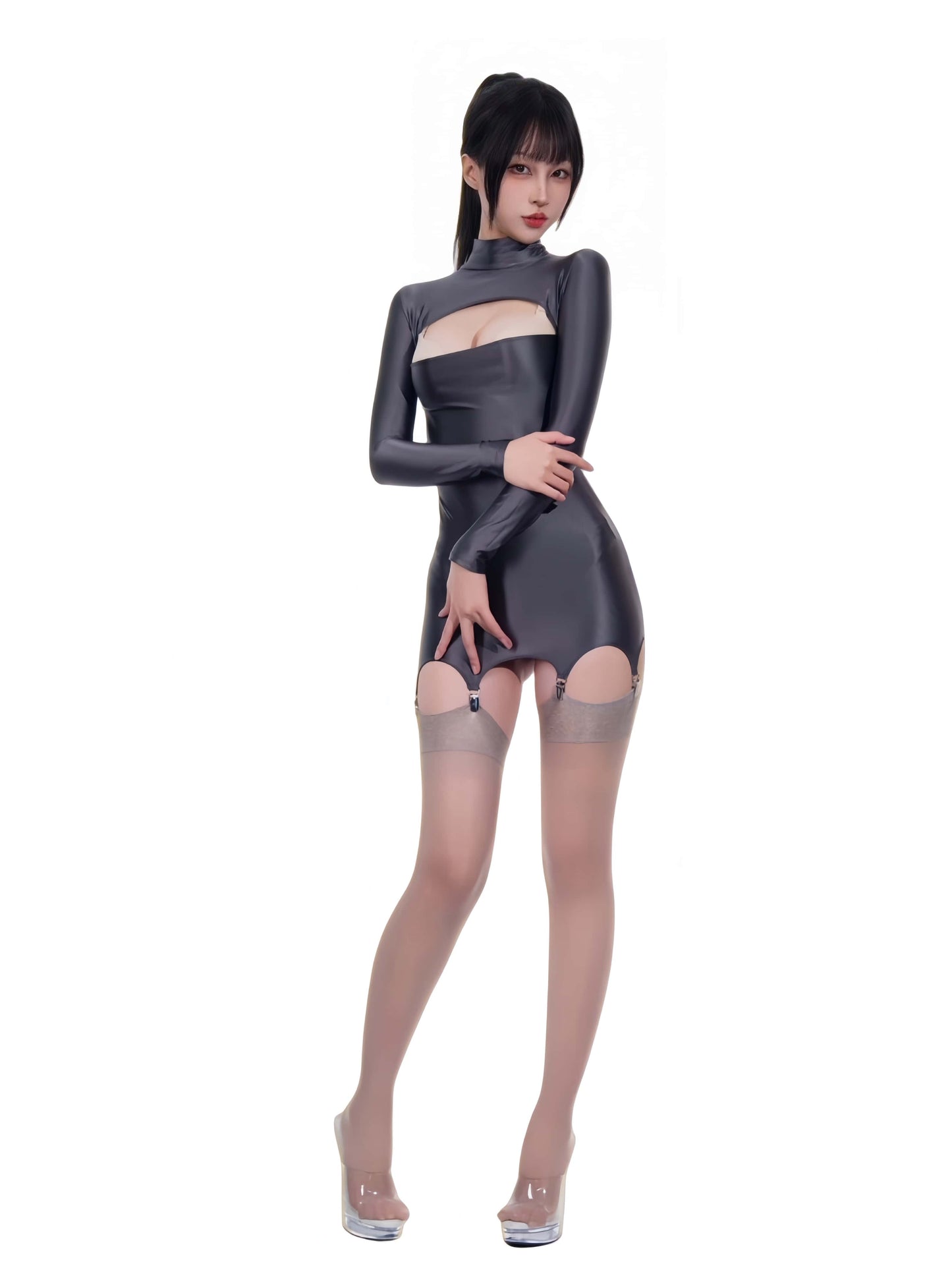 Midnight Cut-Out Garter Mini Dress – High Neck Spandex Bodycon with 6 Suspender Clips