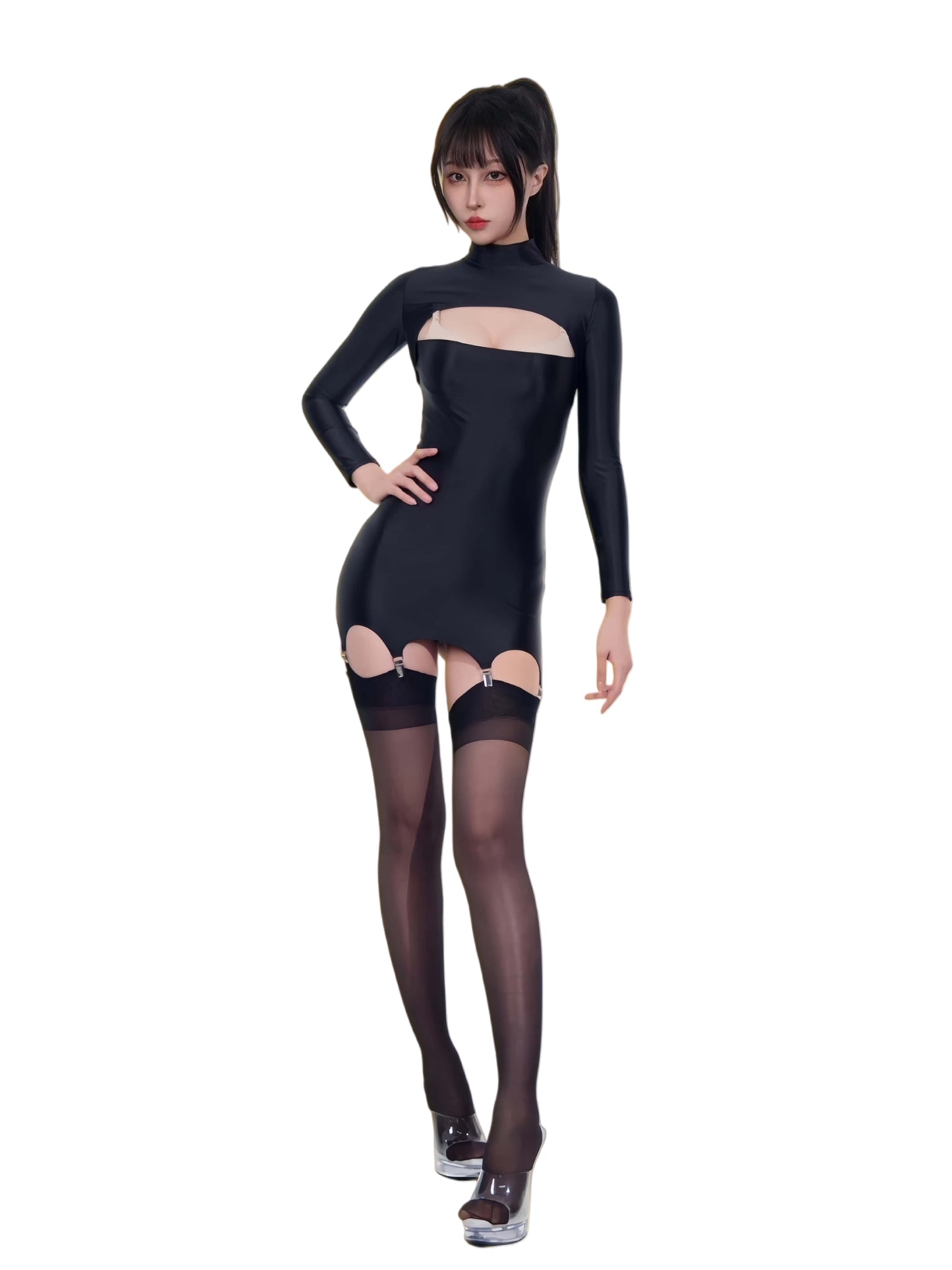 Midnight Cut-Out Garter Mini Dress – High Neck Spandex Bodycon with 6 Suspender Clips