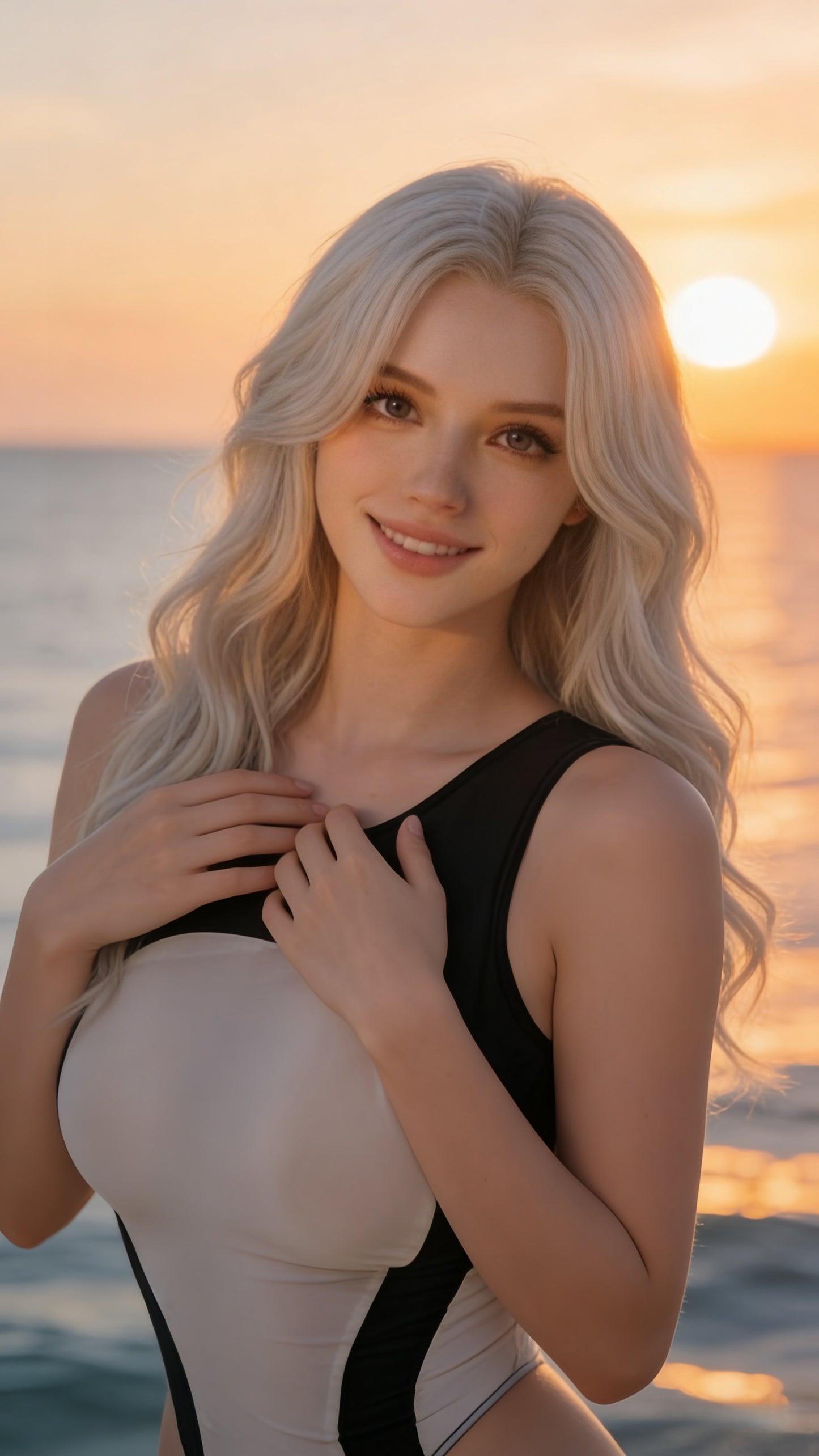 Woman in a swimsuit standing on a beach at sunset