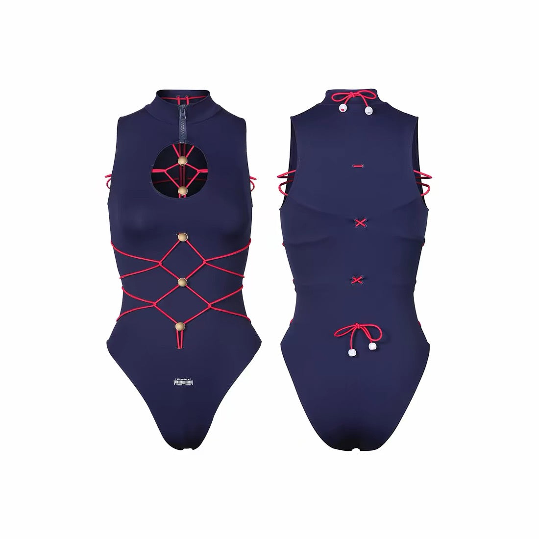 Anime Cosplay High-Neck One-Piece Swimsuit - Navy Blue & Red Strappy Bodysuit