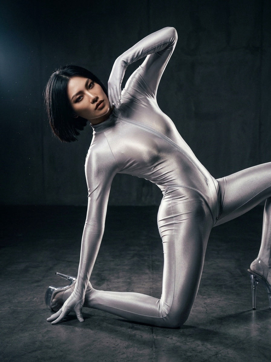 Premium High-Gloss Sheer Zentai Performance Suit – Full Coverage with Crotch Zipper
