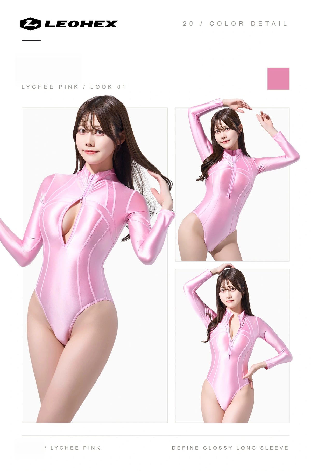 LEOHEX Glossy Spandex One-Piece Long-Sleeve Bodysuit & Swimsuit with YKK Front Zipper