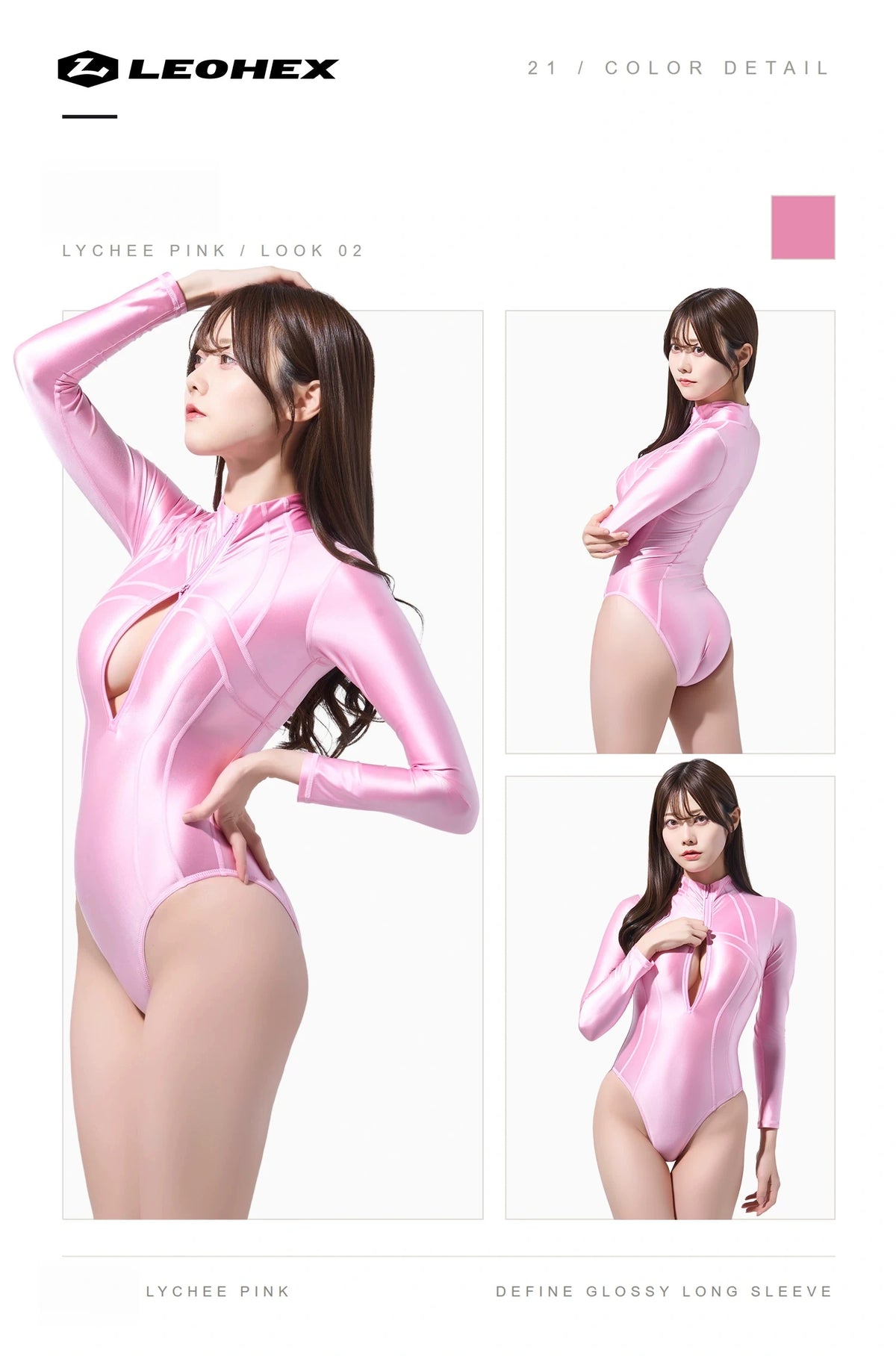 LEOHEX Glossy Spandex One-Piece Long-Sleeve Bodysuit & Swimsuit with YKK Front Zipper
