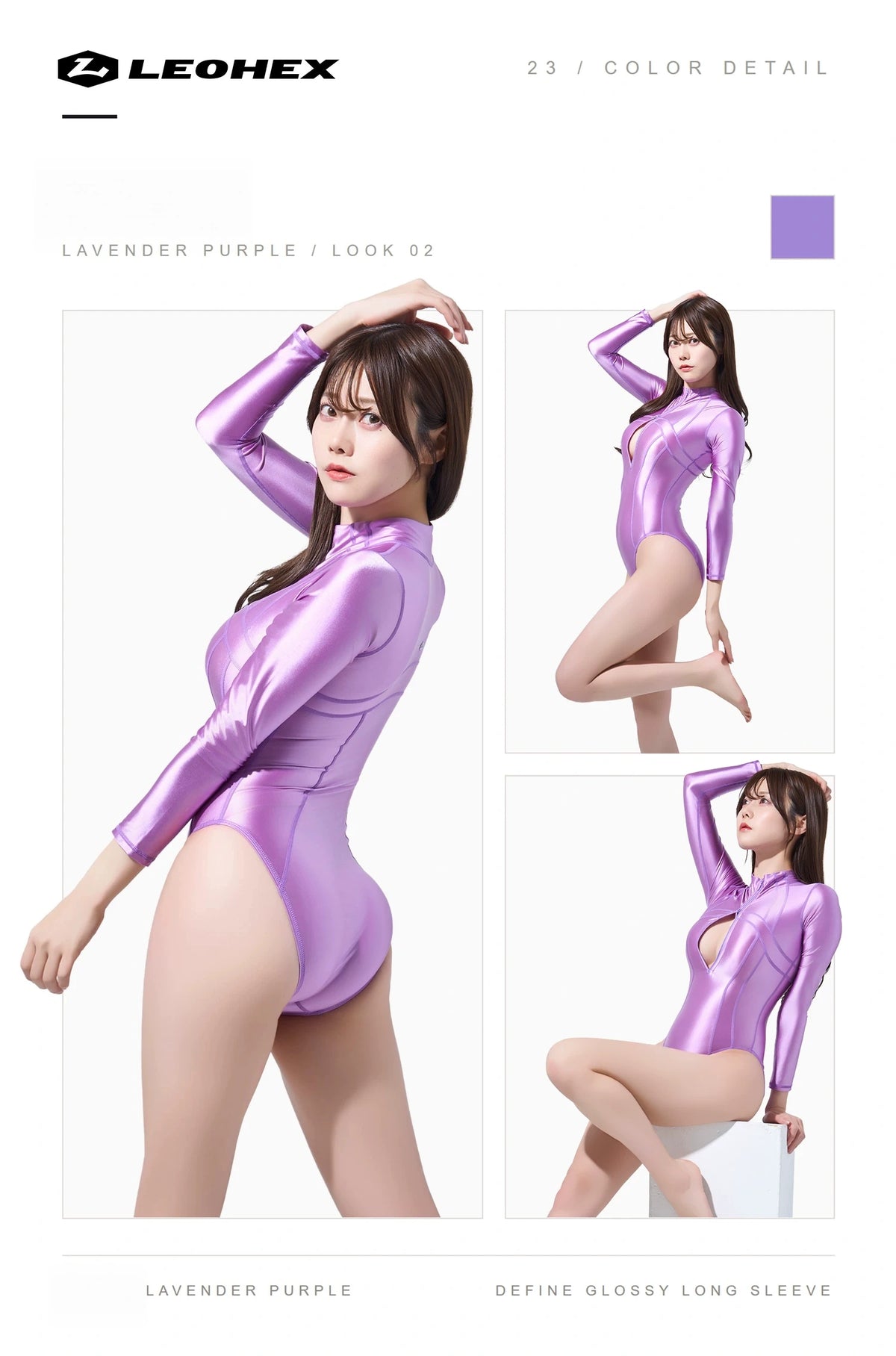 LEOHEX Glossy Spandex One-Piece Long-Sleeve Bodysuit & Swimsuit with YKK Front Zipper