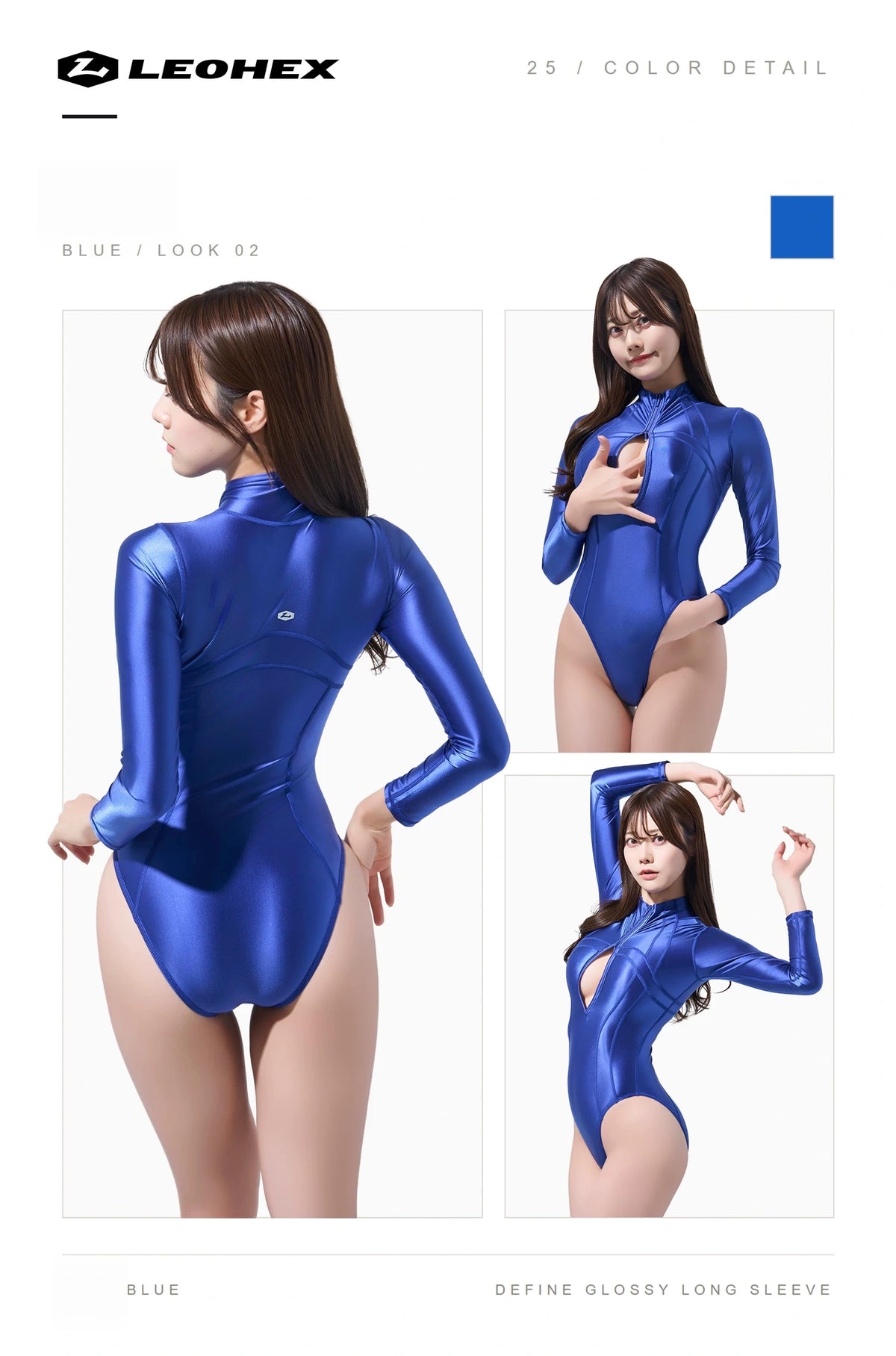 LEOHEX Glossy Spandex One-Piece Long-Sleeve Bodysuit & Swimsuit with YKK Front Zipper