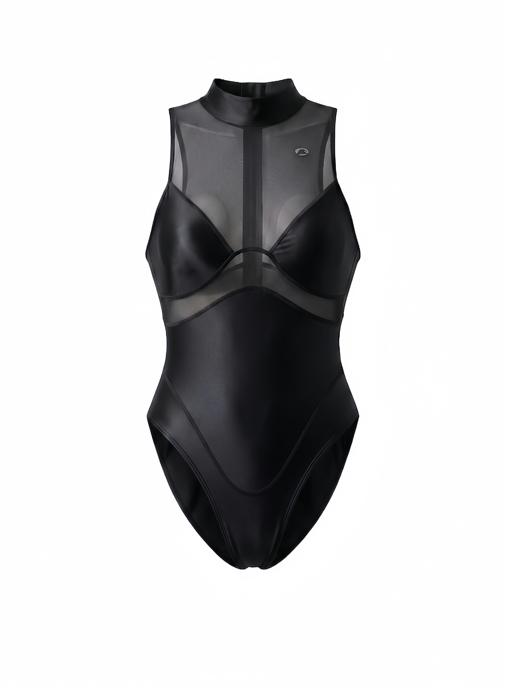 Black swimsuit with sheer mesh panels on a white background