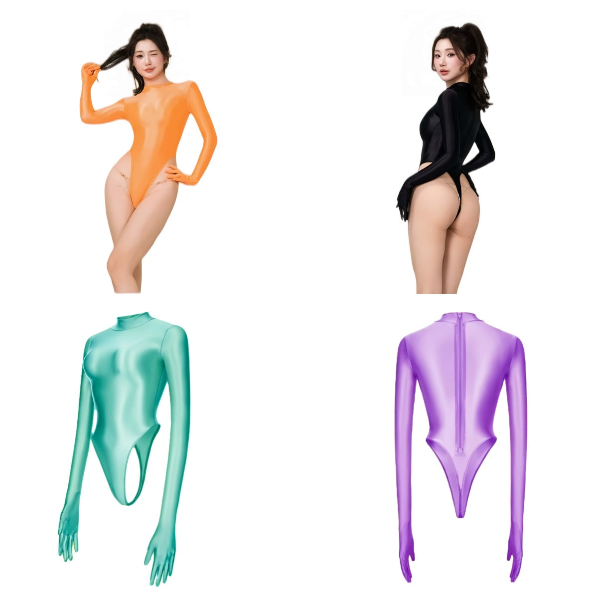 High-Cut Glossy Spandex Bodysuit with Attached Gloves