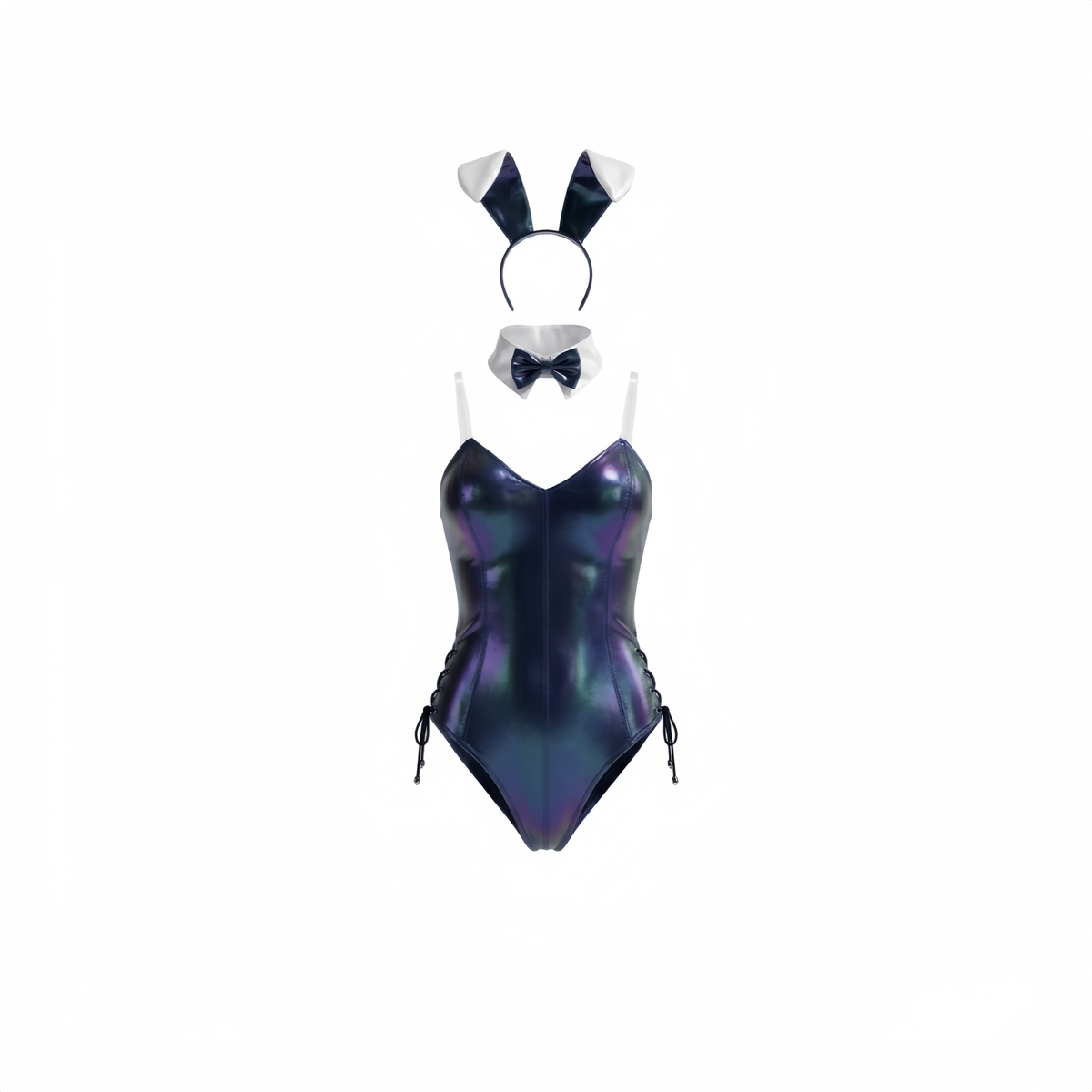 Iridescent Metallic Bunny Girl Cosplay Bodysuit Set – Holographic PU Leather Open Crotch Lingerie