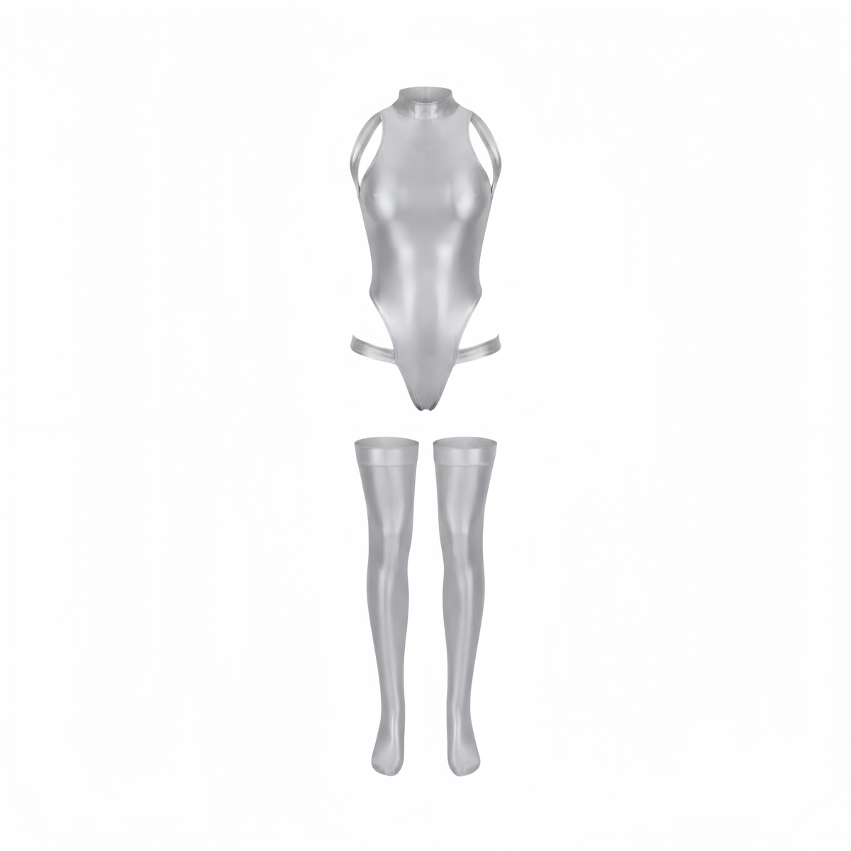 Lustrous High-Cut Mock Neck One-Piece Swimsuit with Matching Stockings
