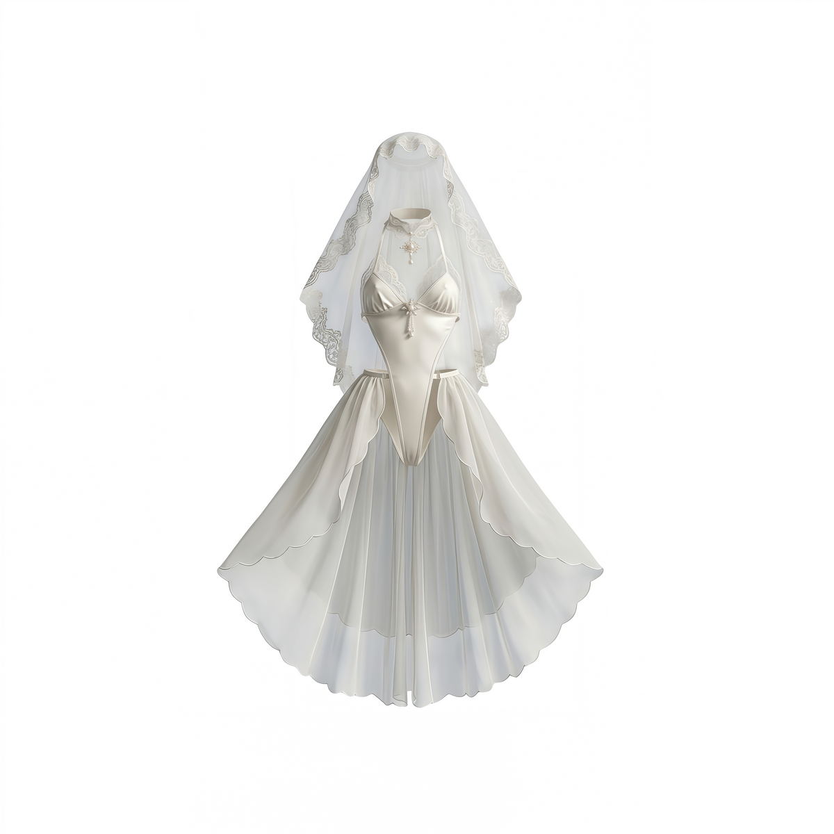 Gothic Bridal Cosplay Lingerie Set – Open-Crotch Sheer Lace Bodysuit, Veil & High-Slit Skirt Outfit