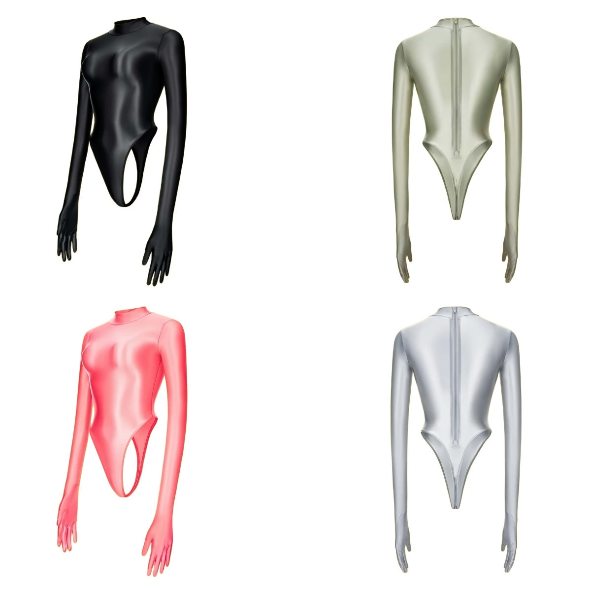 High-Cut Glossy Spandex Bodysuit with Attached Gloves