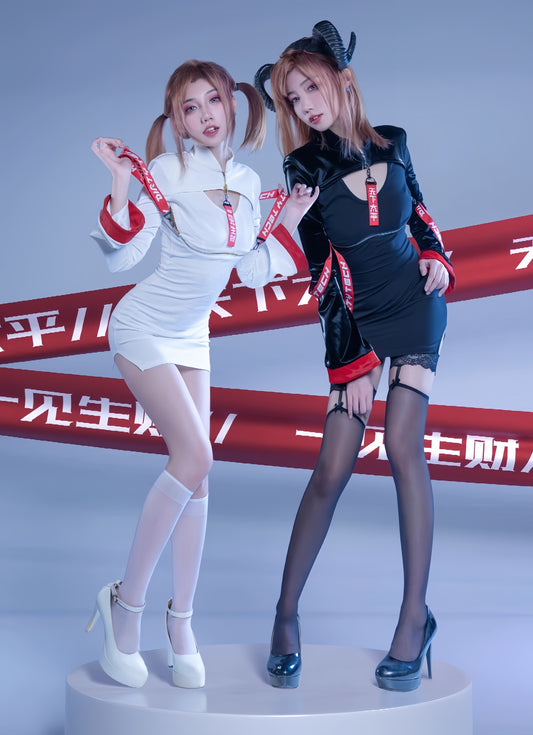 Anime Style Black and White Witch Spandex PU Leather Short Dress with Bust Zipper