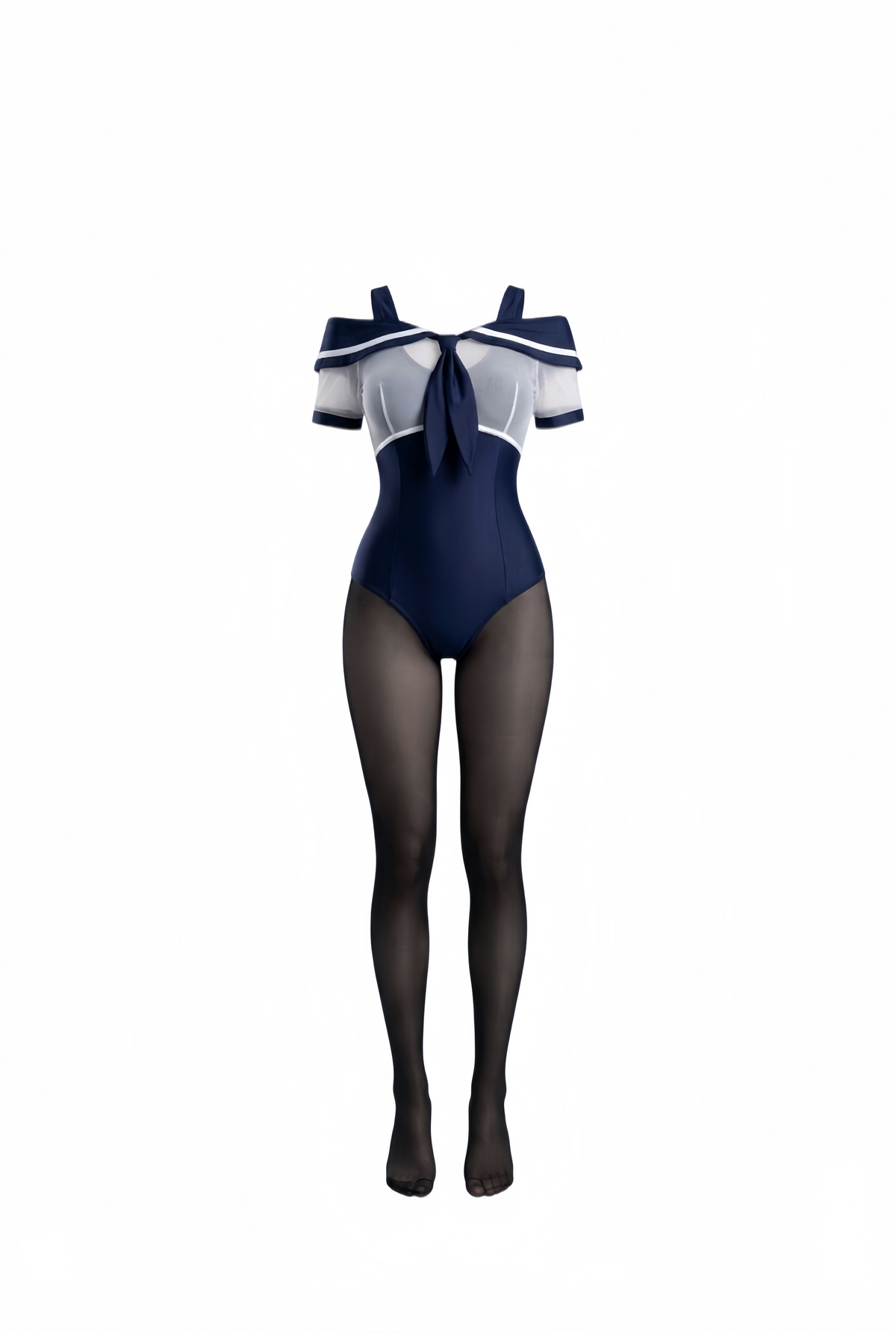 3-Piece Sailor Collar Bodysuit Set – Includes Glossy Bodysuit, Sheer Sailor Crop Top & Tights