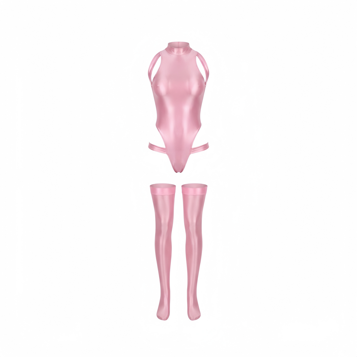 Lustrous High-Cut Mock Neck One-Piece Swimsuit with Matching Stockings