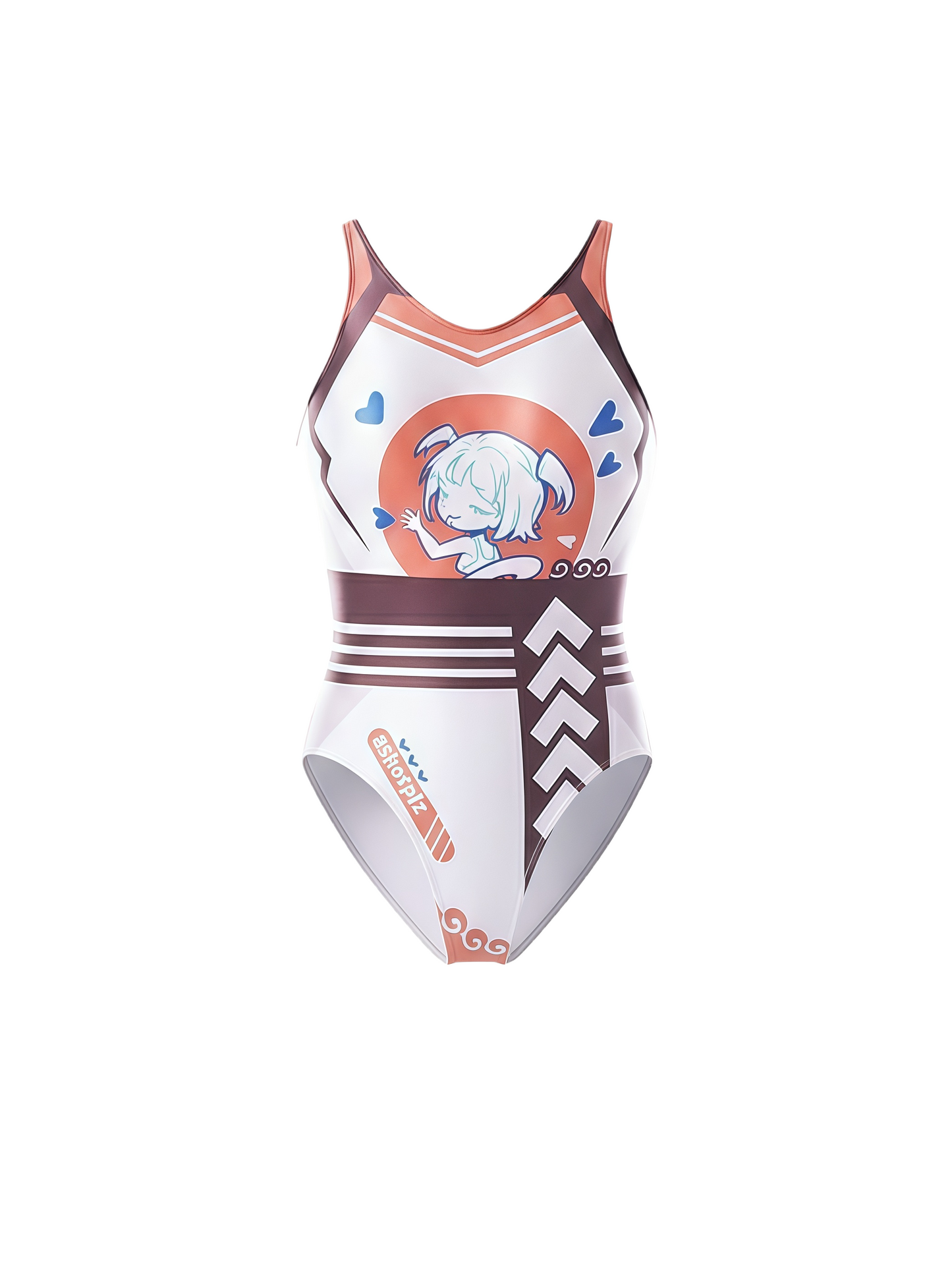 One-piece swimsuit with anime character design on a white background