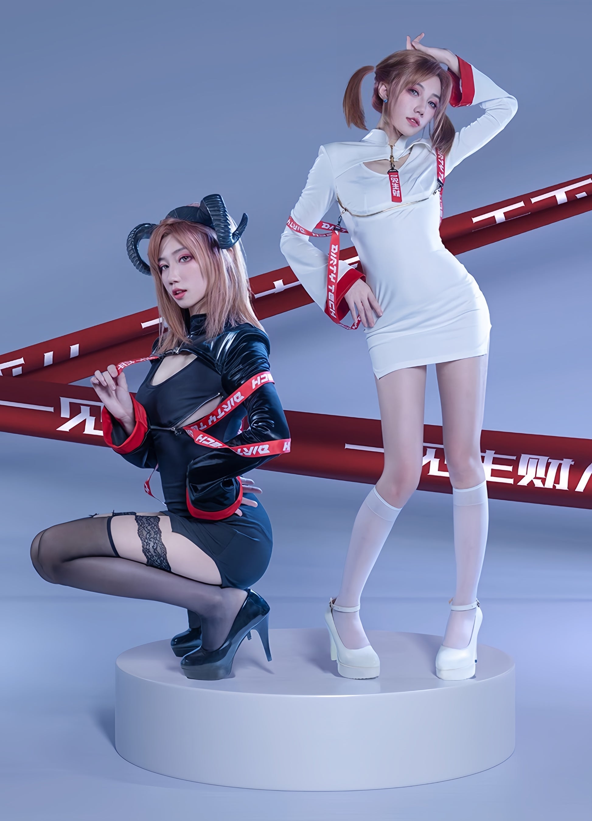 Anime Style Black and White Witch Spandex PU Leather Short Dress with Bust Zipper