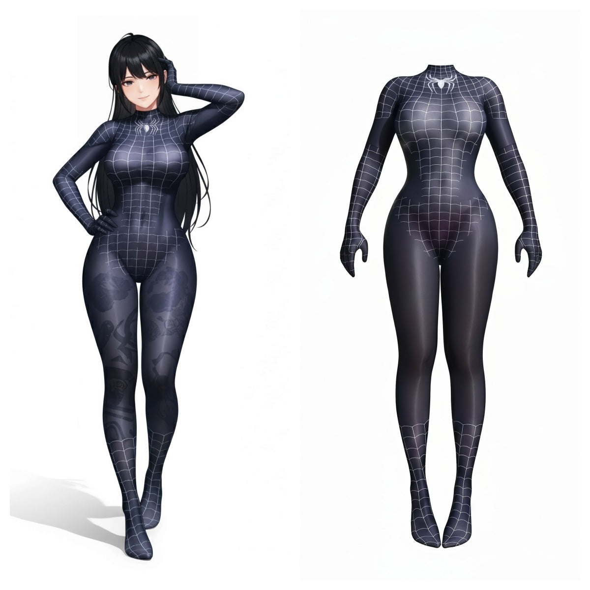 Black bodysuit with grid pattern worn by a person on a white background