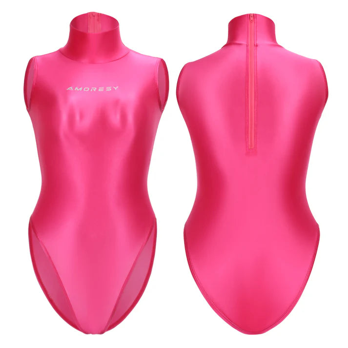 Pink swimsuit on a mannequin with 'AMOREST' branding, shown from front and back.