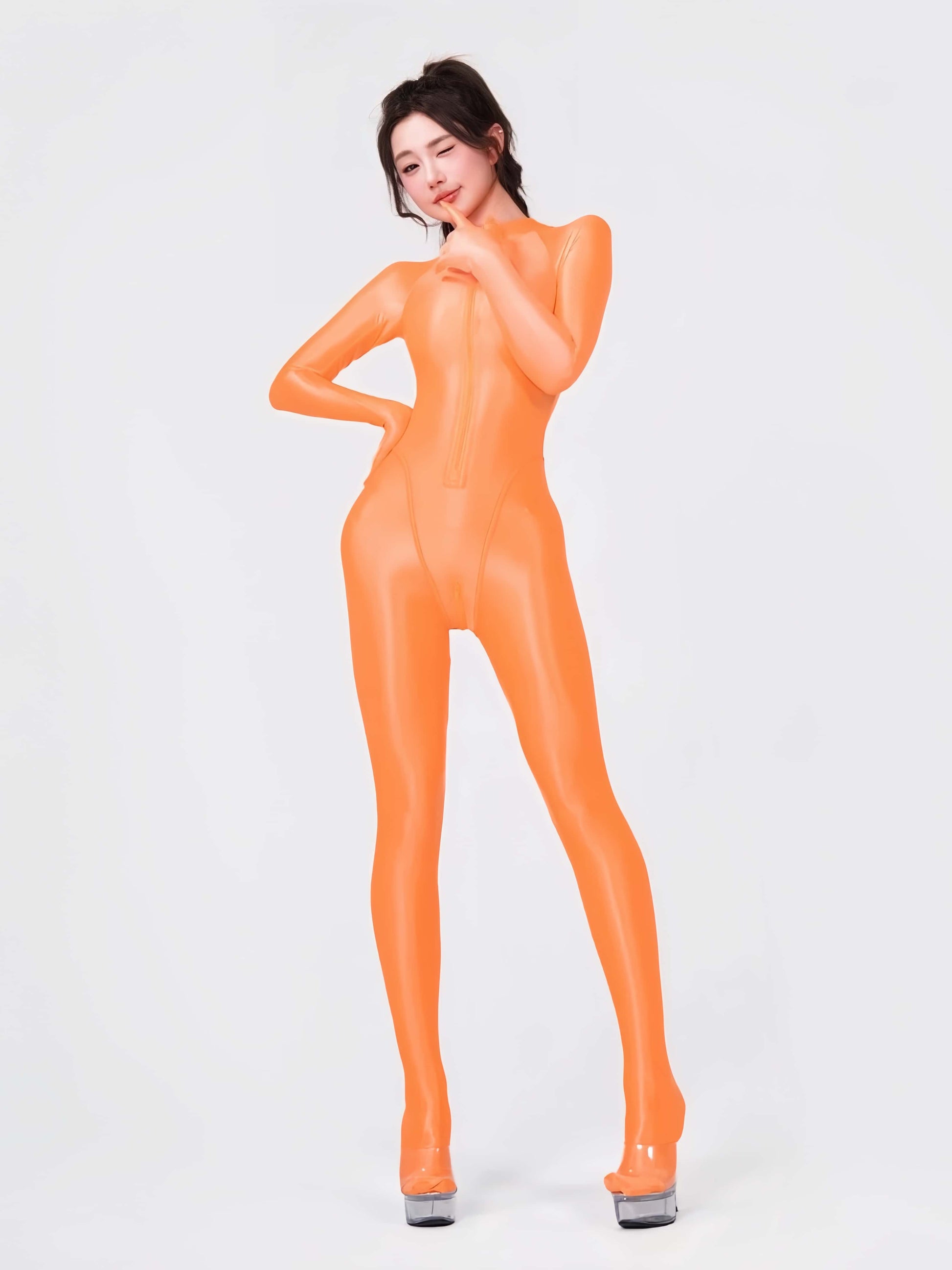Person wearing an orange full-body suit on a white background