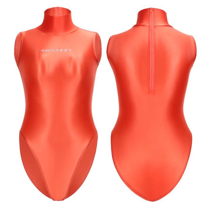 Red swimsuit on a mannequin with 'Amorex' branding, shown from front and back on a white background.