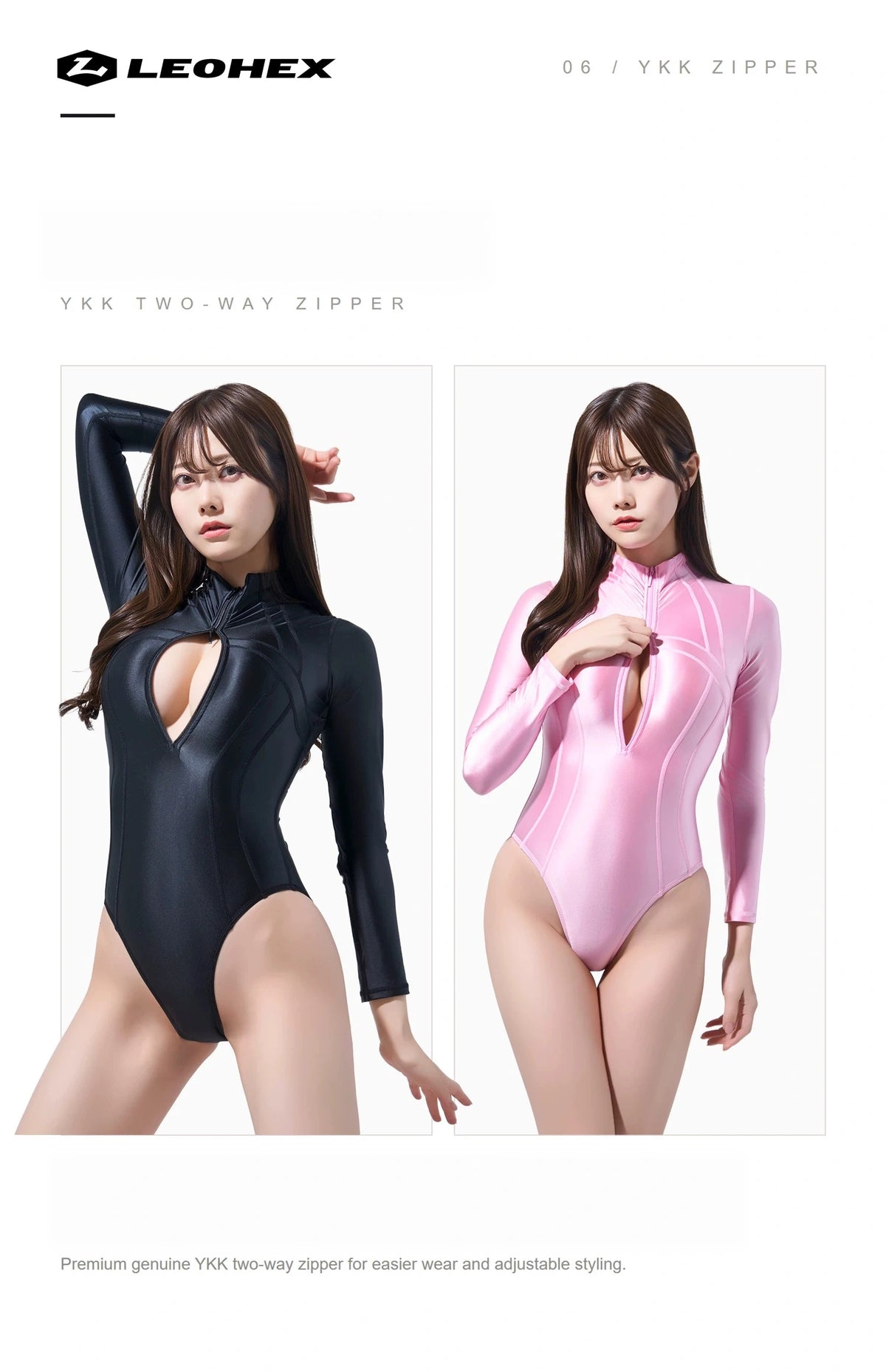 LEOHEX Glossy Spandex One-Piece Long-Sleeve Bodysuit & Swimsuit with YKK Front Zipper