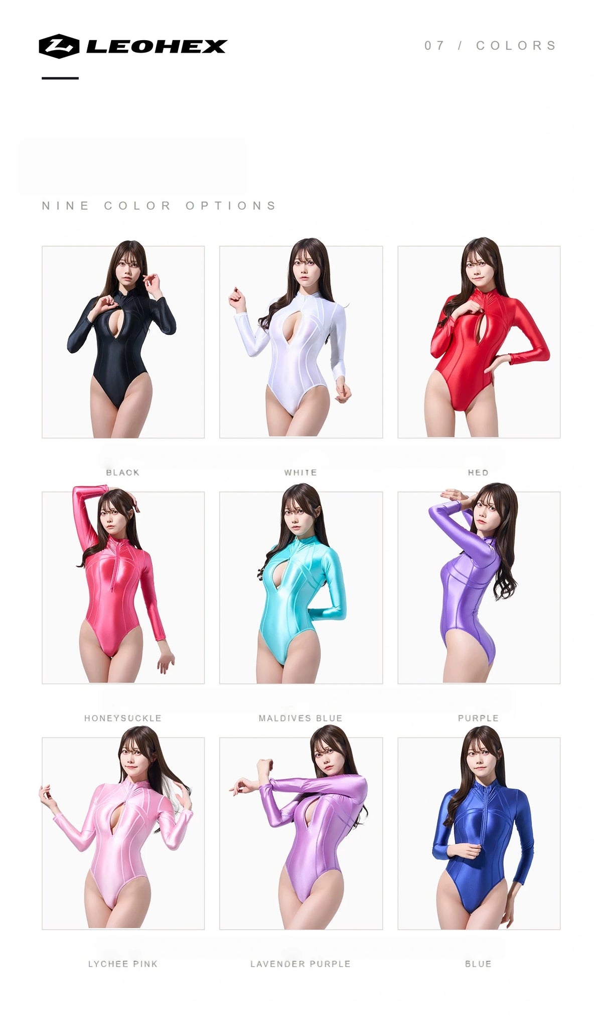 LEOHEX Glossy Spandex One-Piece Long-Sleeve Bodysuit & Swimsuit with YKK Front Zipper