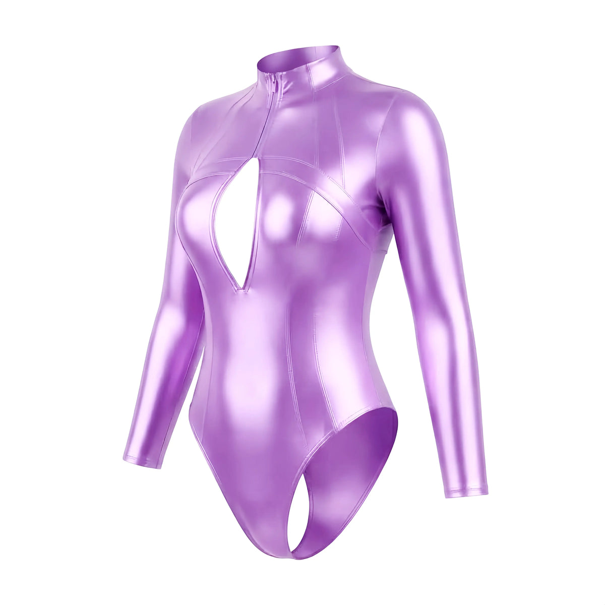 LEOHEX Glossy Spandex One-Piece Long-Sleeve Bodysuit & Swimsuit with YKK Front Zipper