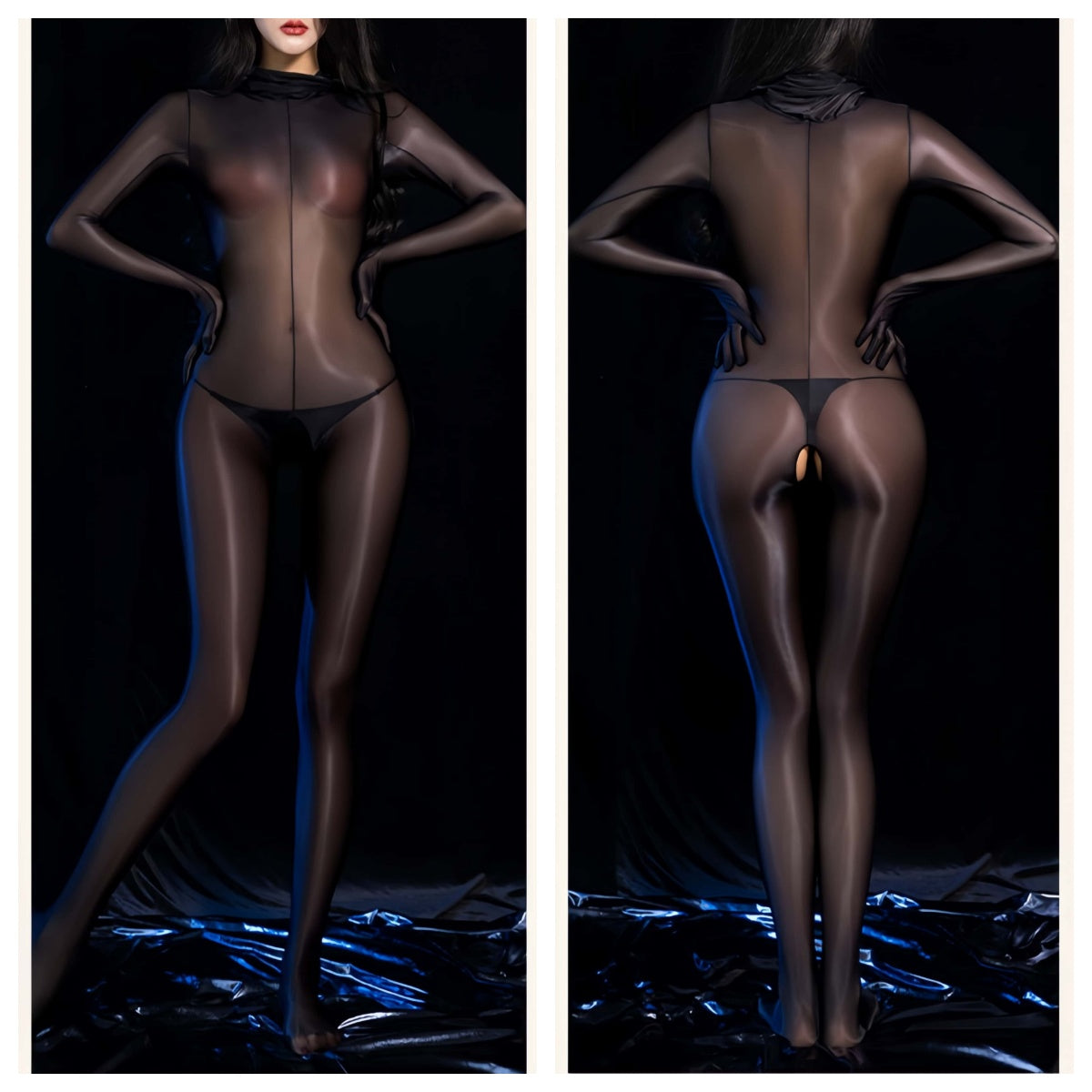 Glossy Full-Body Zentai Suit – High-Stretch Mock Neck Bodystocking