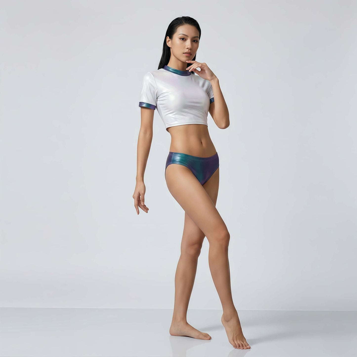 Pearlescent High-Gloss Crop Top & Metallic Bikini Set