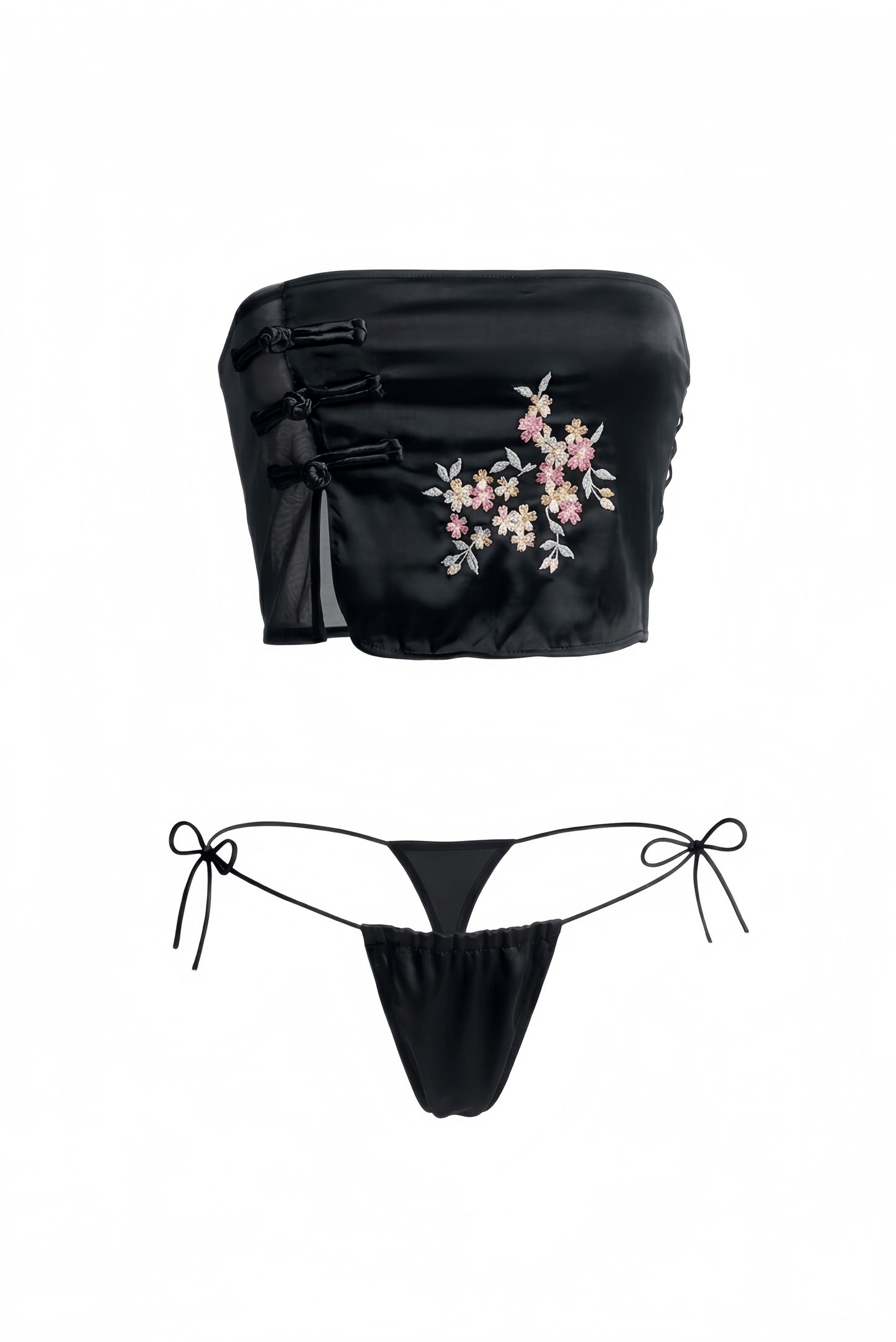 Modern Oriental Embroidered Lingerie Set - Floral Satin Tube Top & Tie-Side G-String