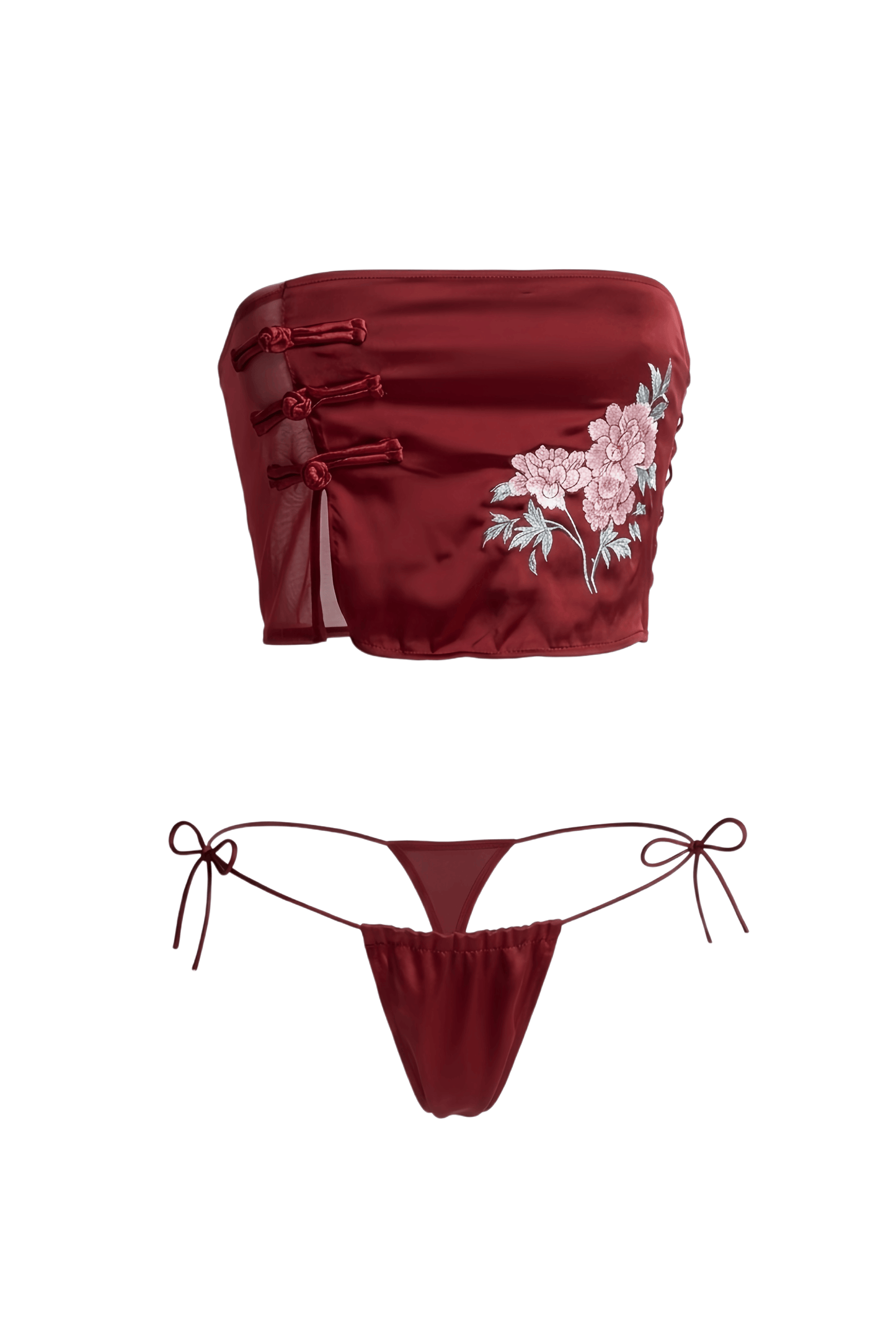 Modern Oriental Embroidered Lingerie Set - Floral Satin Tube Top & Tie-Side G-String