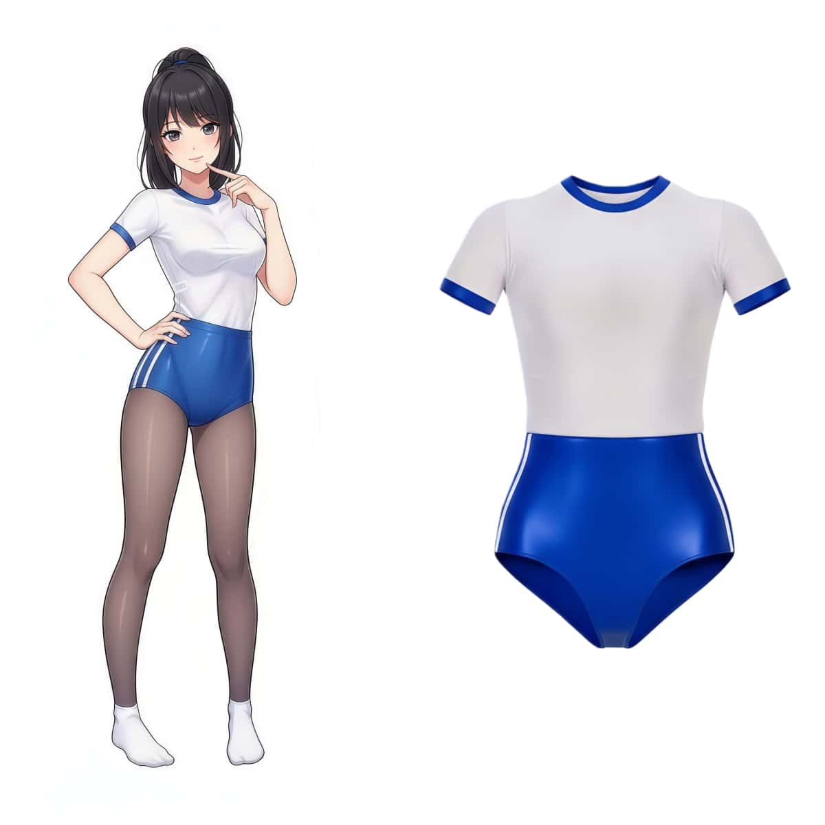 Anime character wearing a white and blue swimsuit with a plain background