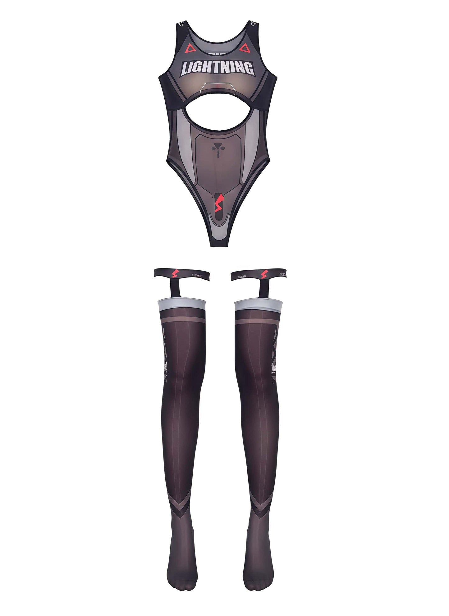 Black athletic outfit with 'Lightning' branding on a white background