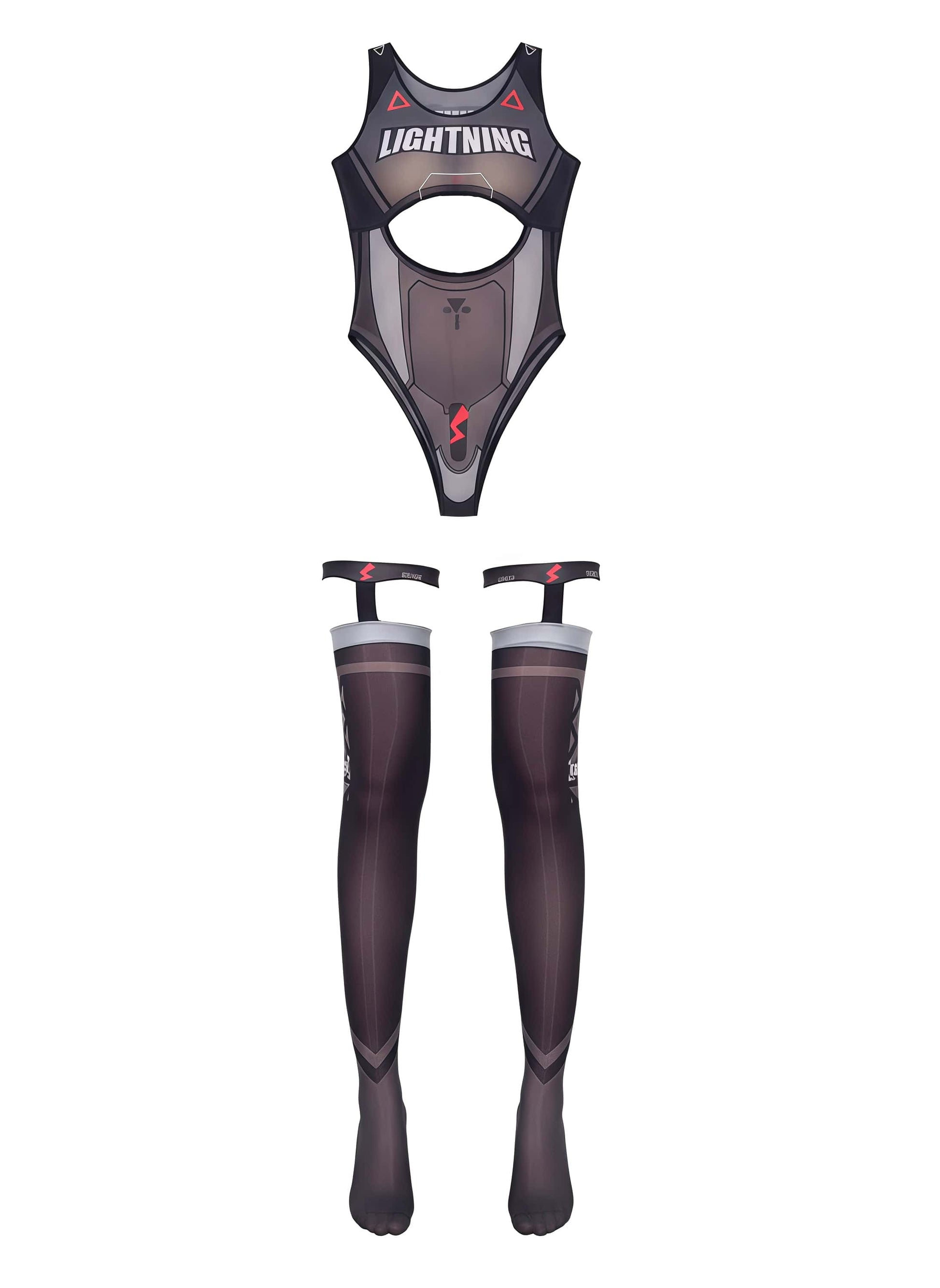 Black athletic outfit with 'Lightning' branding on a white background