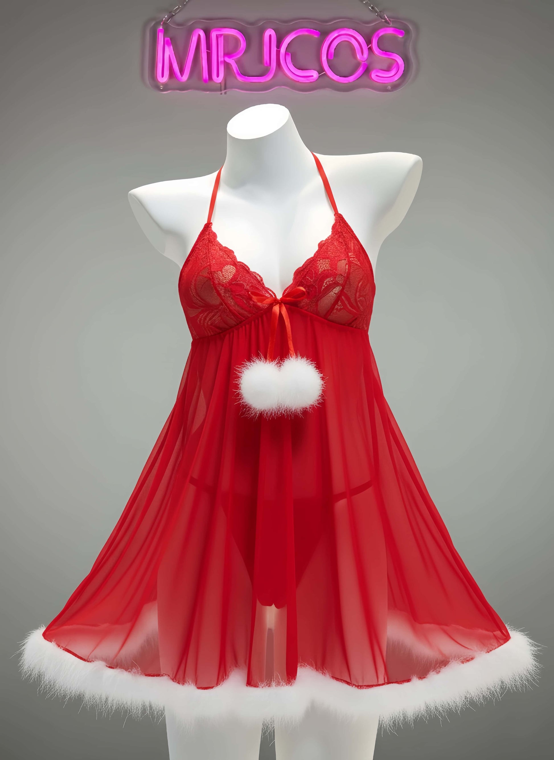 Sexy Women's Christmas Red Lace Babydoll Lingerie Dress 