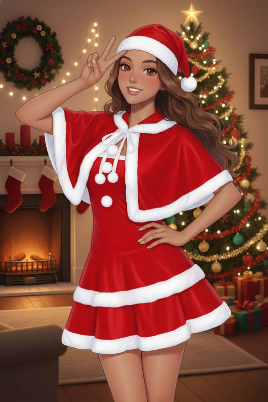 Sexy 3-Piece Christmas Party Dress Set with Shawl & Hat | Festive Cosplay Costume
