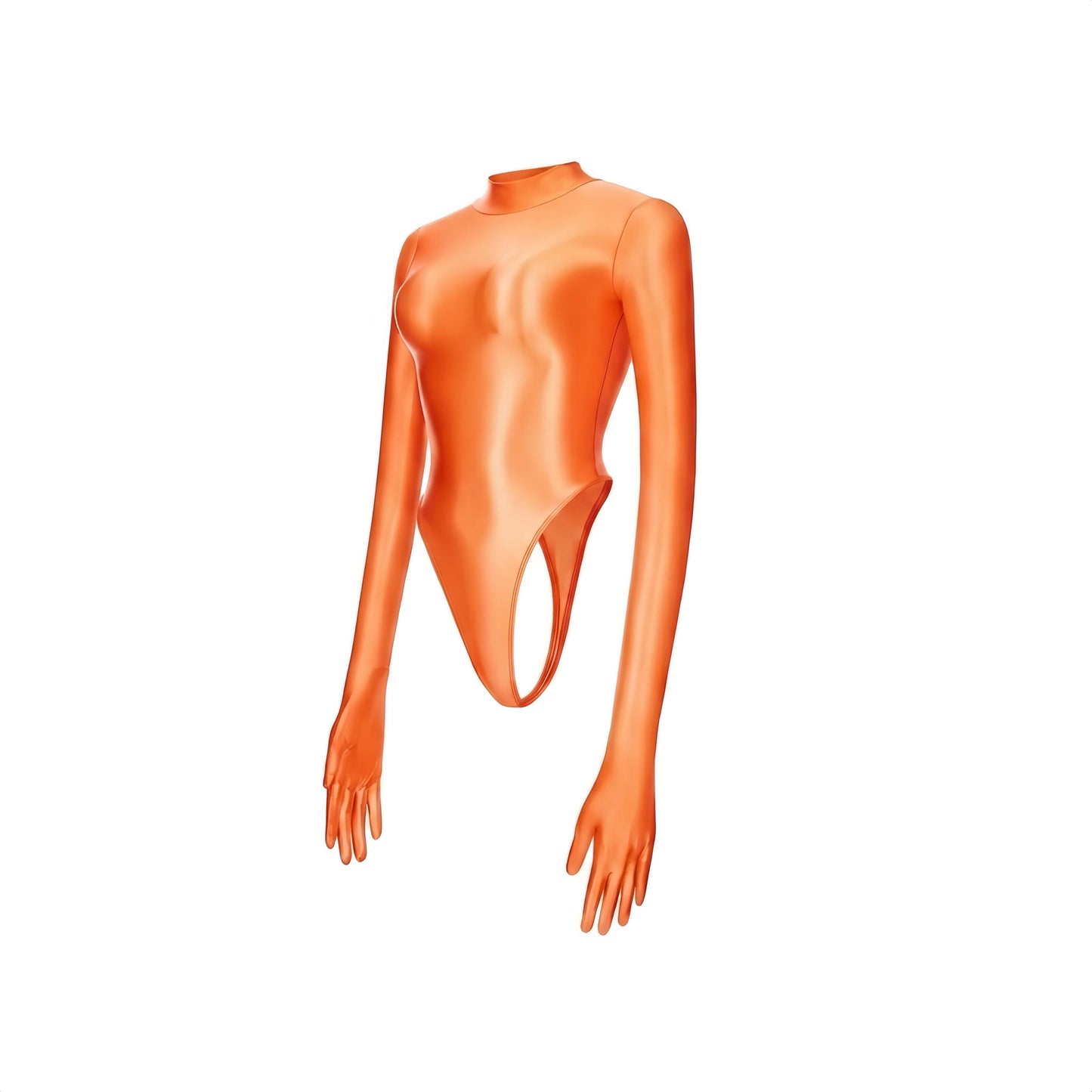 High-Cut Glossy Spandex Bodysuit with Attached Gloves