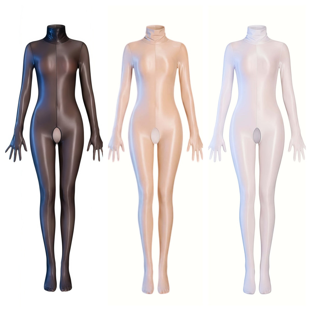 Glossy Full-Body Zentai Suit – High-Stretch Mock Neck Bodystocking