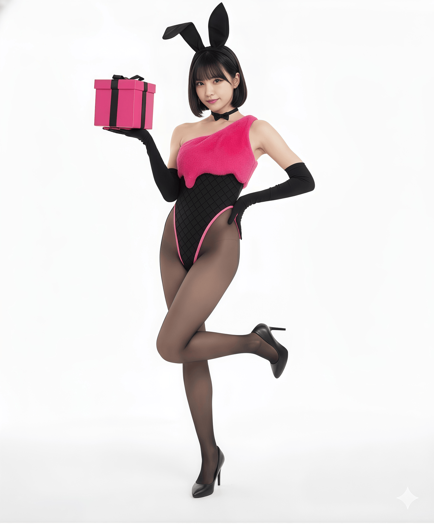 Anime Strawberry Ice Cream Style Bunny Girl Knitted Black Pink Bodysuit Lingerie Set