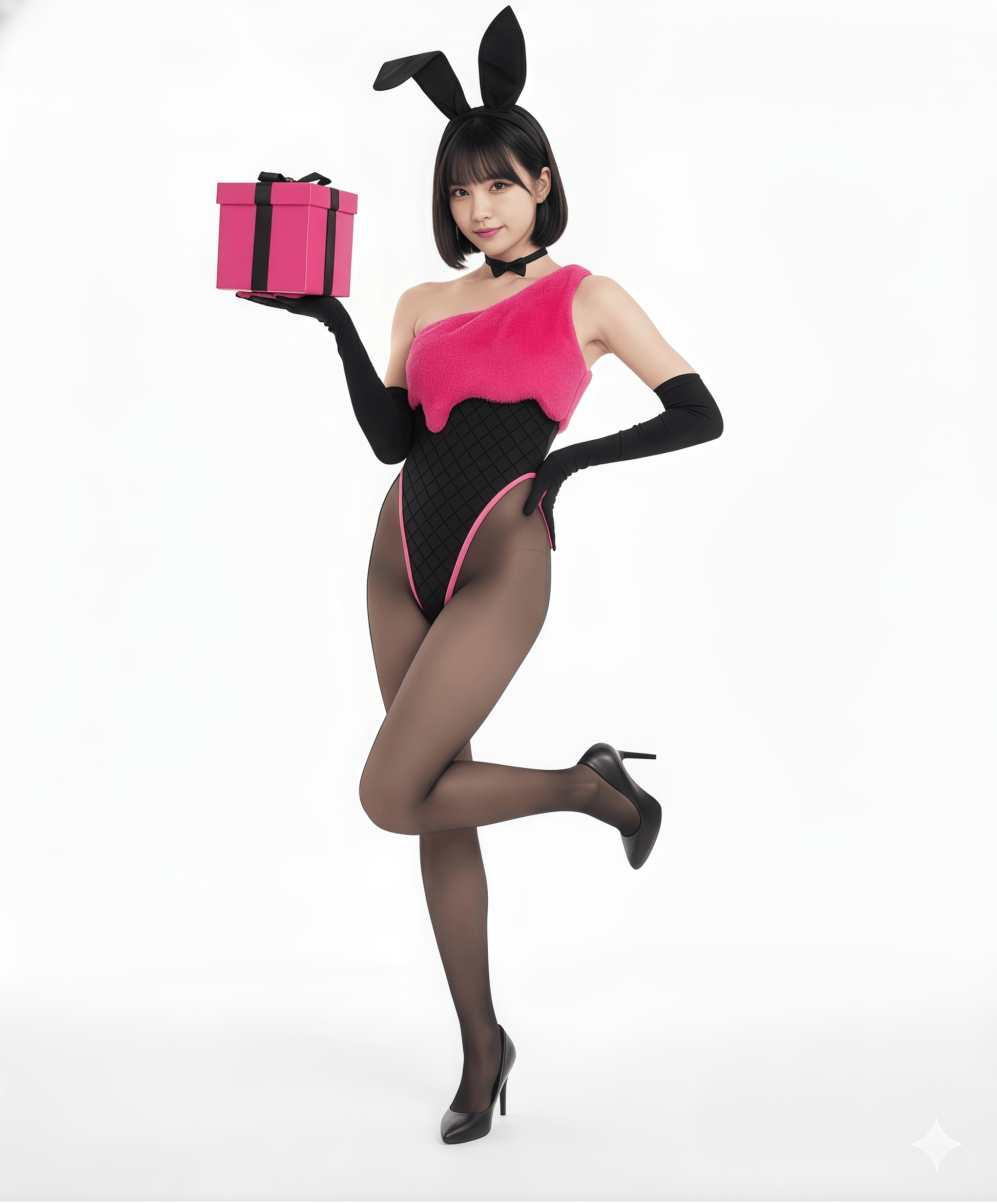 Anime Strawberry Ice Cream Style Bunny Girl Knitted Black Pink Bodysuit Lingerie Set