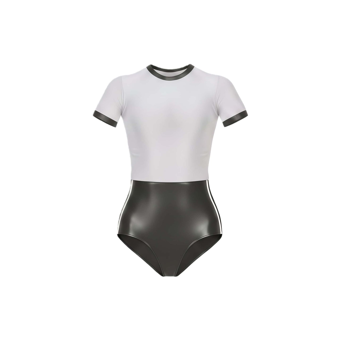 White and black swimsuit with a high neckline on a white background