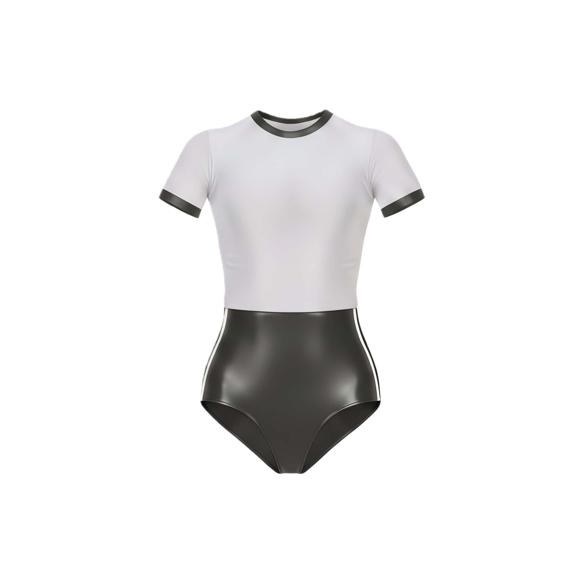 White and black swimsuit with a high neckline on a white background