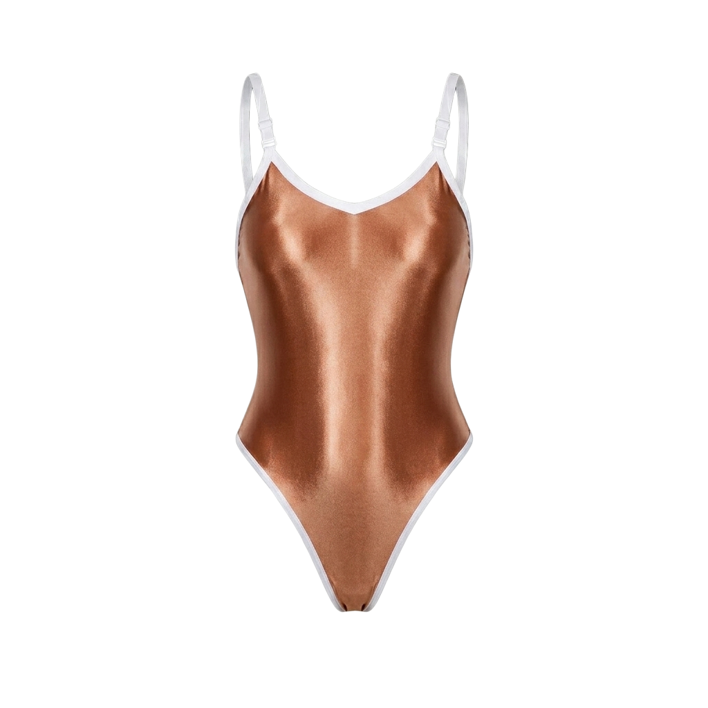 High-Cut One-Piece Satin Spandex BodySuit Swimsuit with Adjustable Shoulder Straps