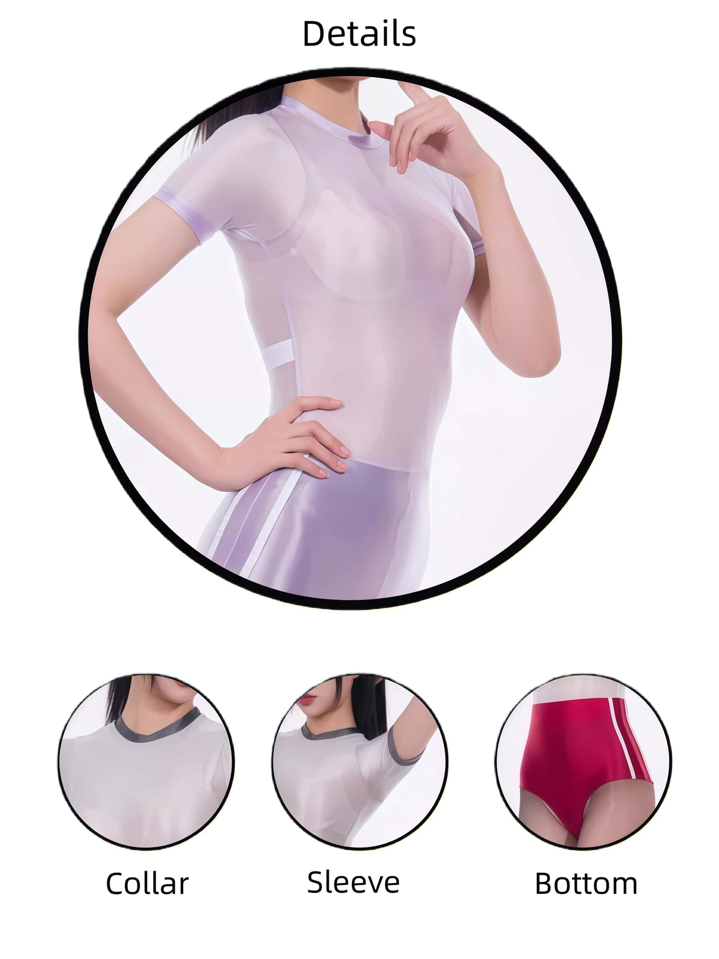 Japanese Style High-Gloss Sukumizu Bodysuit - Sheer Contrast Trim Leotard