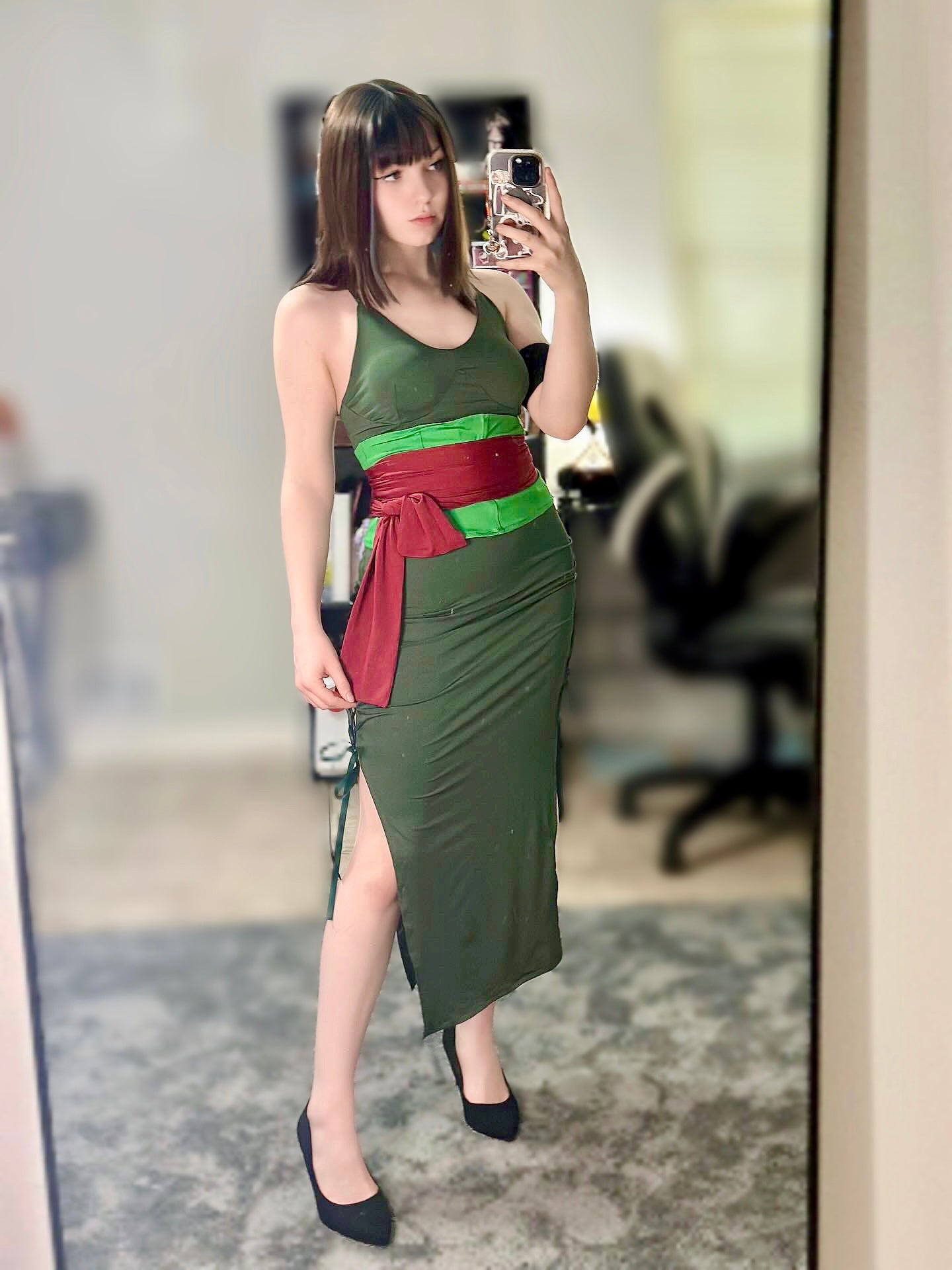 Anime Zoro Wano Cosplay Costume Zoro Female Dress with Belt Full Set Women Zoro Green Sexy Dress