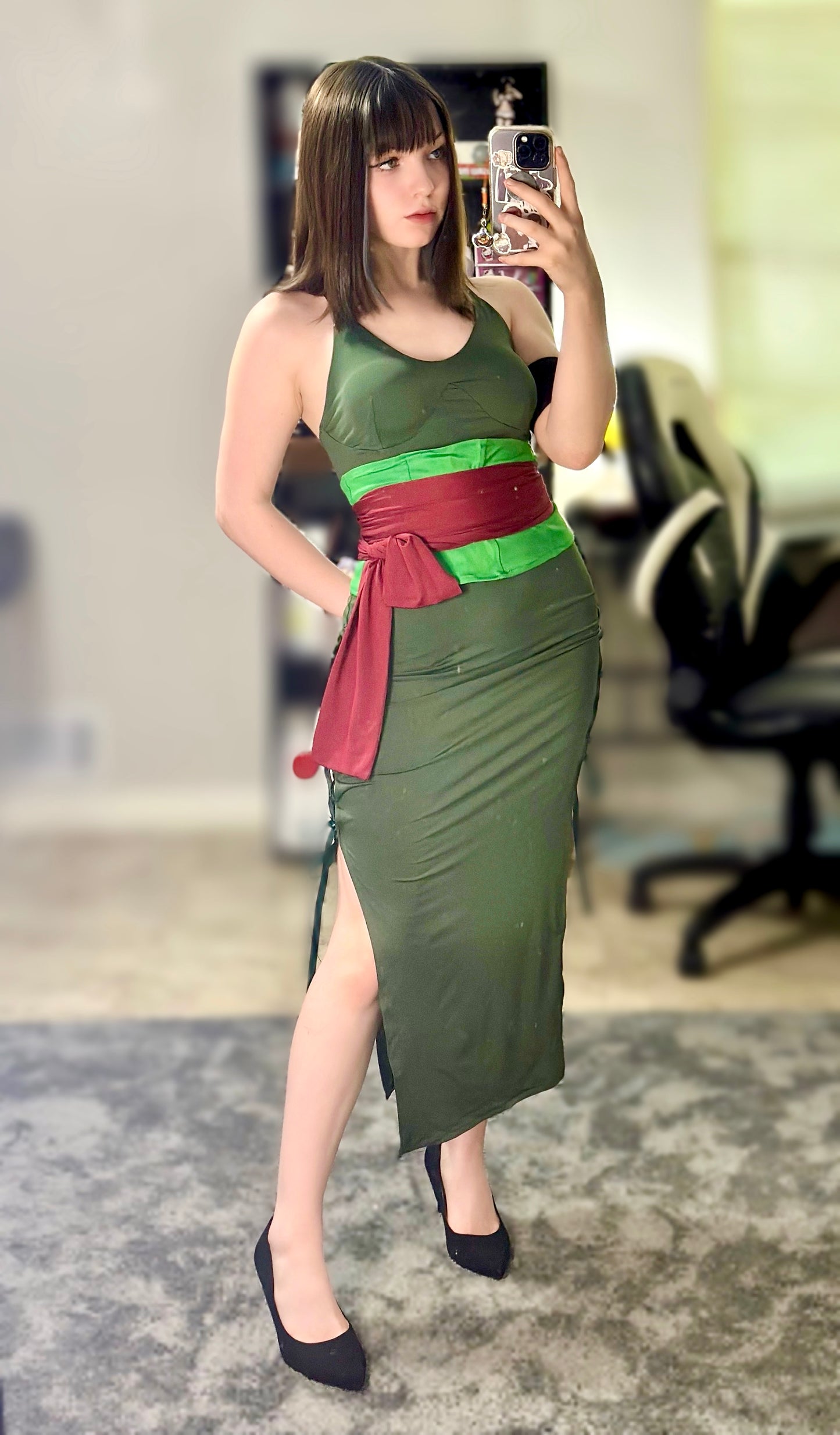 Robe longue fendue haute verte sans manches Cosplay Anime Costume Halloween